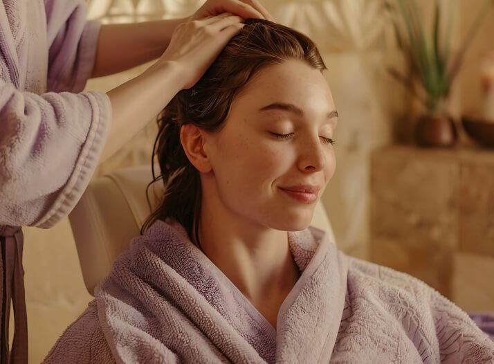A client relaxing during a hair ritual